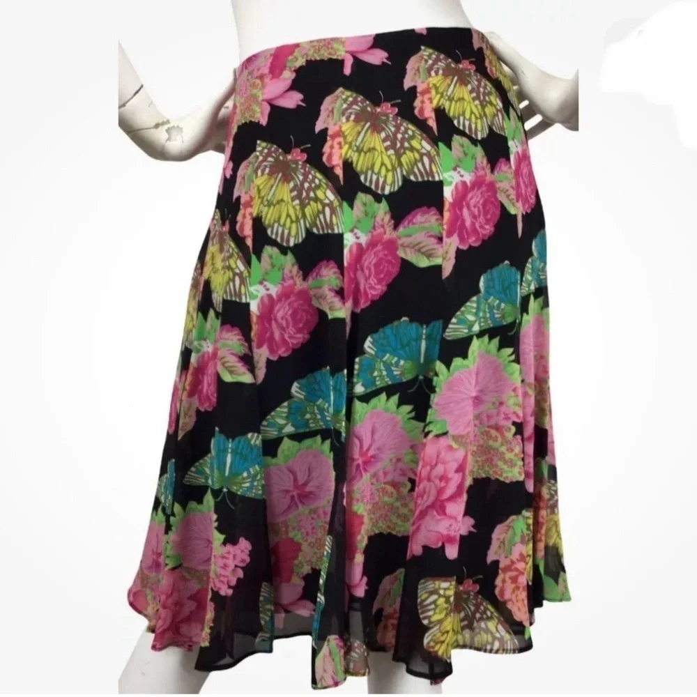 Karen Kane Lifestyle 100% Silk Floral Butterfly Car Wash Skirt Multicolored Sz 6